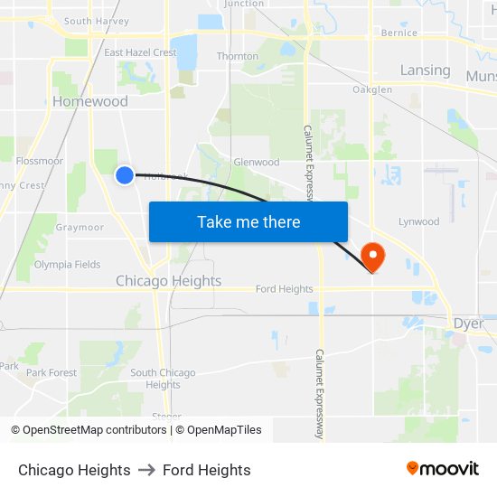 Chicago Heights to Ford Heights map