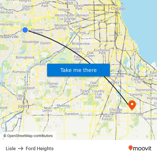 Lisle to Ford Heights map