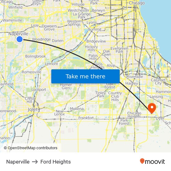 Naperville to Ford Heights map