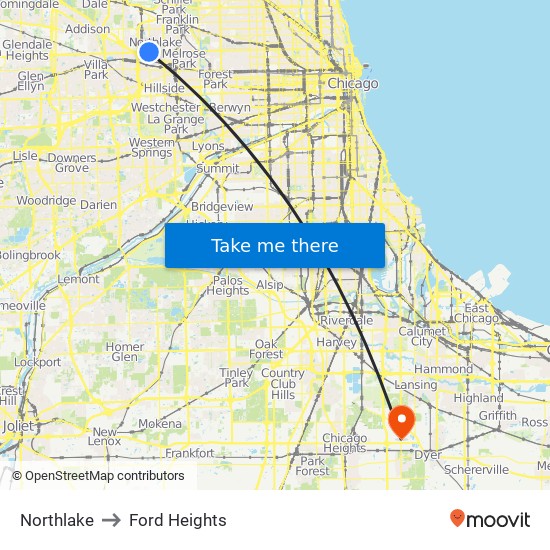 Northlake to Ford Heights map