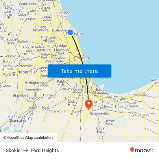 Skokie to Ford Heights map