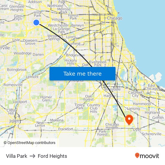 Villa Park to Ford Heights map