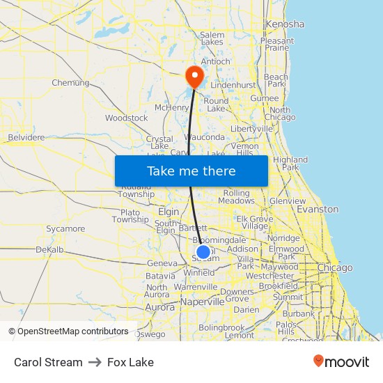 Carol Stream to Fox Lake map