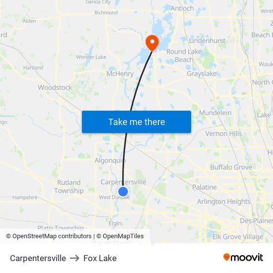 Carpentersville to Fox Lake map