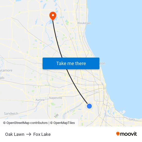 Oak Lawn to Fox Lake map