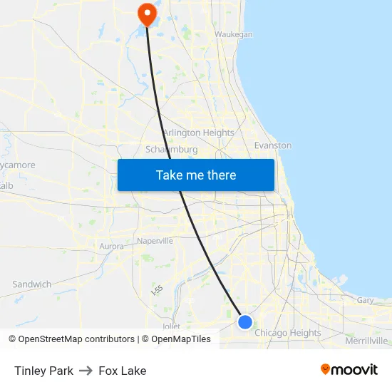 Tinley Park to Fox Lake map