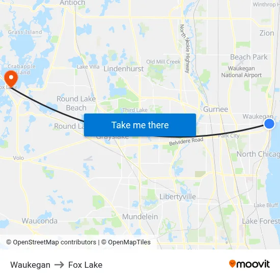 Waukegan to Fox Lake map