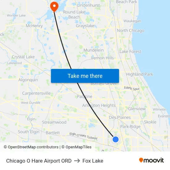 Chicago O Hare Airport ORD to Fox Lake map