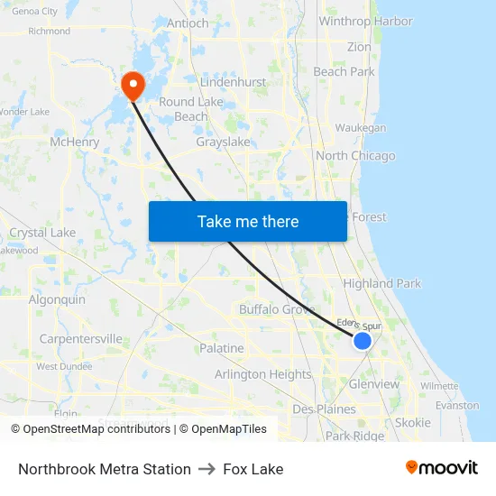 Northbrook Metra Station to Fox Lake map