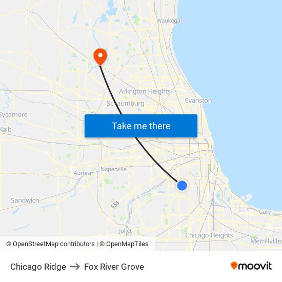 Chicago Ridge to Fox River Grove map
