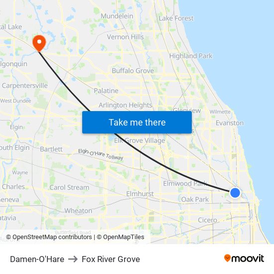 Damen-O'Hare to Fox River Grove map