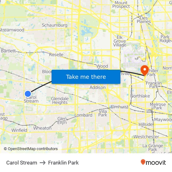 Carol Stream to Franklin Park map