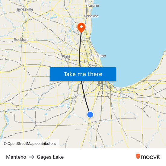 Manteno to Gages Lake map