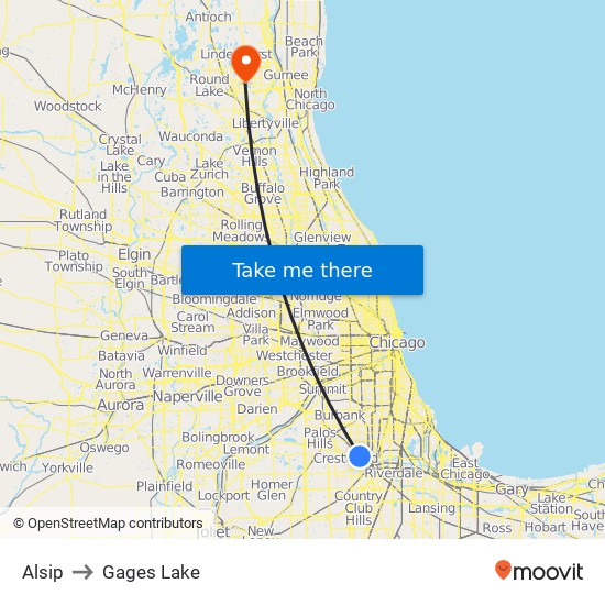 Alsip to Gages Lake map