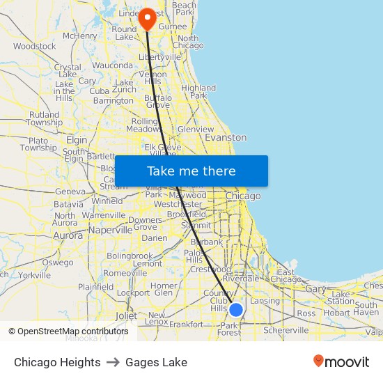 Chicago Heights to Gages Lake map