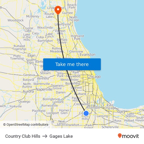 Country Club Hills to Gages Lake map