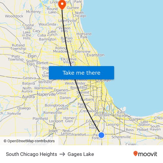 South Chicago Heights to Gages Lake map