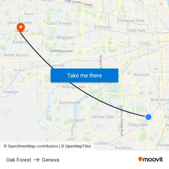 Oak Forest to Geneva map