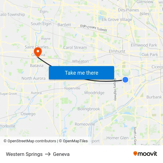 Western Springs to Geneva map
