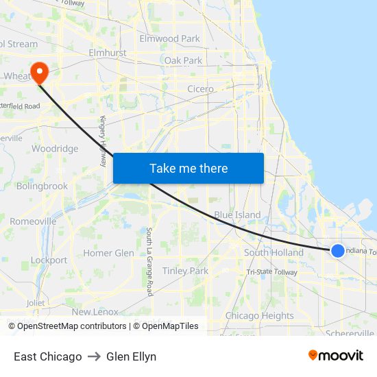 East Chicago to Glen Ellyn map