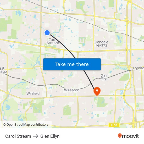 Carol Stream to Glen Ellyn map