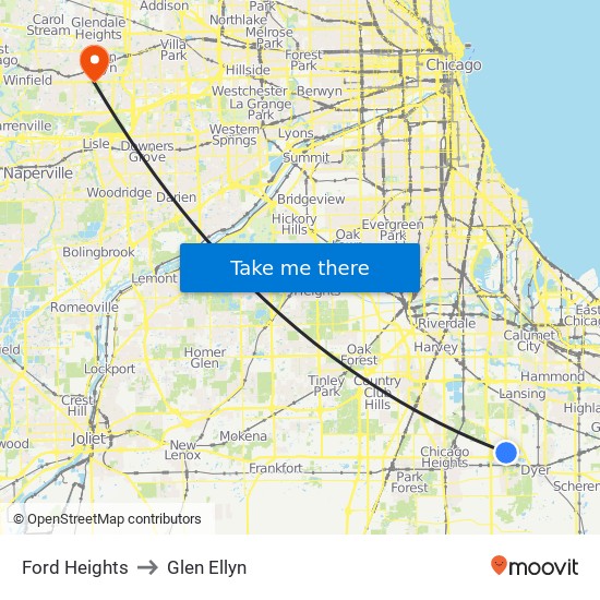 Ford Heights to Glen Ellyn map