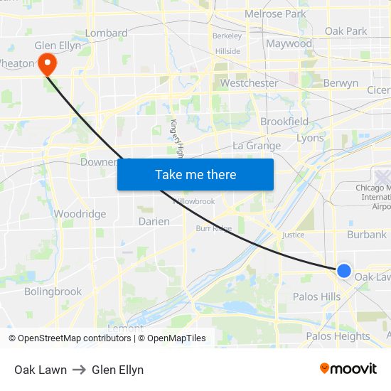 Oak Lawn to Glen Ellyn map