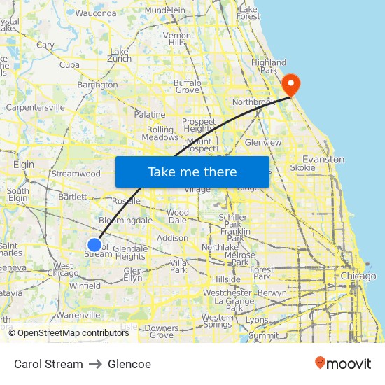 Carol Stream to Glencoe map