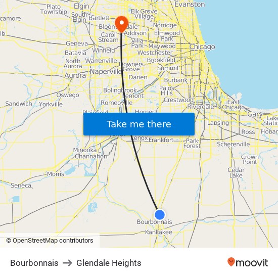 Bourbonnais to Glendale Heights map