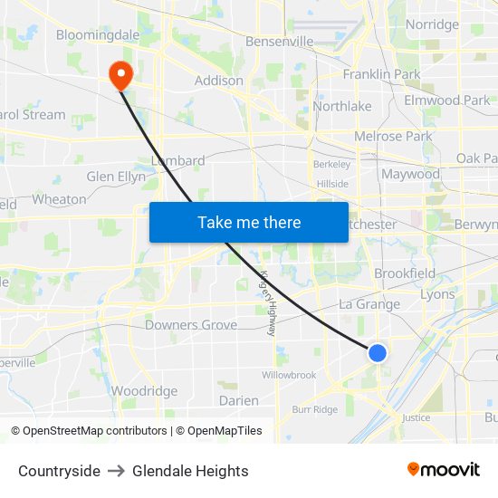 Countryside to Glendale Heights map