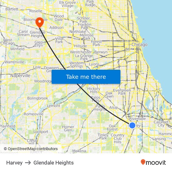 Harvey to Glendale Heights map