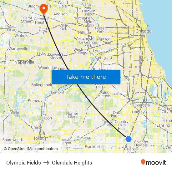Olympia Fields to Glendale Heights map