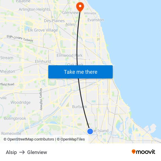 Alsip to Glenview map