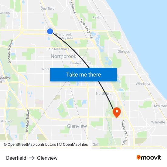 Deerfield to Glenview map