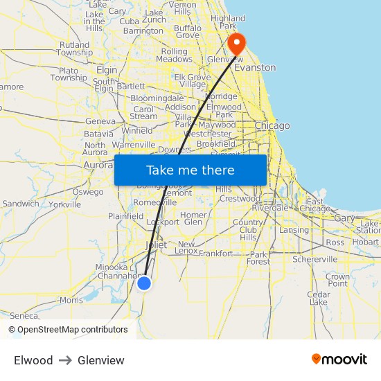 Elwood to Glenview map