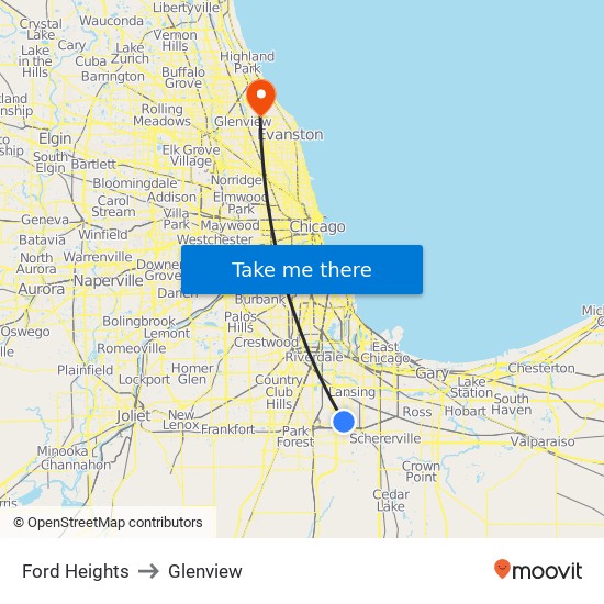 Ford Heights to Glenview map