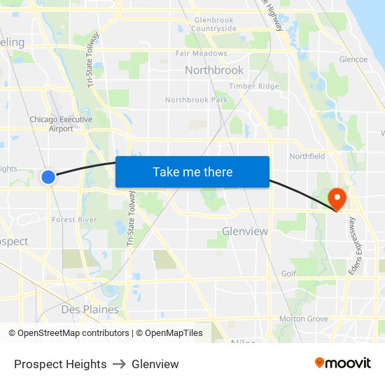 Prospect Heights to Glenview map