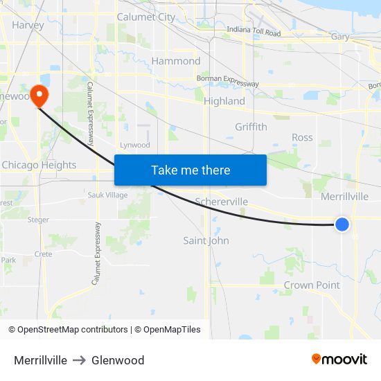 Merrillville to Glenwood map