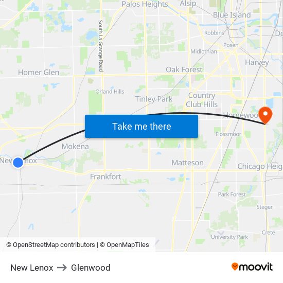 New Lenox to Glenwood map