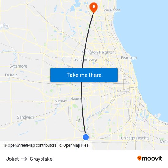 Joliet to Grayslake map