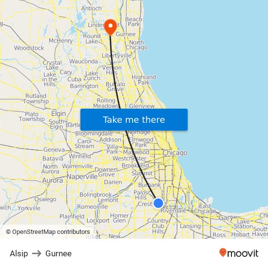 Alsip to Gurnee map