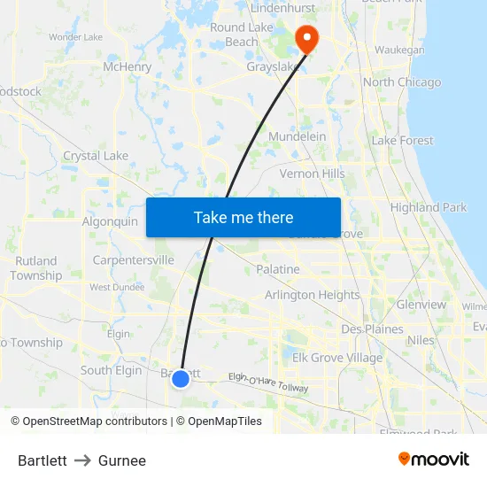 Bartlett to Gurnee map