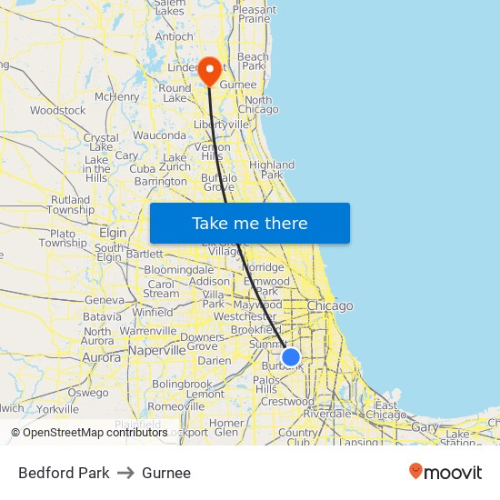 Bedford Park to Gurnee map