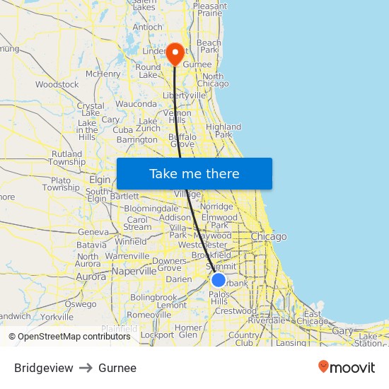 Bridgeview to Gurnee map