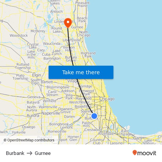 Burbank to Gurnee map