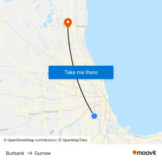 Burbank to Gurnee map