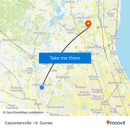 Carpentersville to Gurnee map