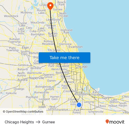 Chicago Heights to Gurnee map