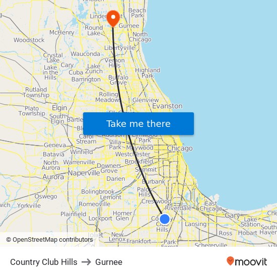 Country Club Hills to Gurnee map