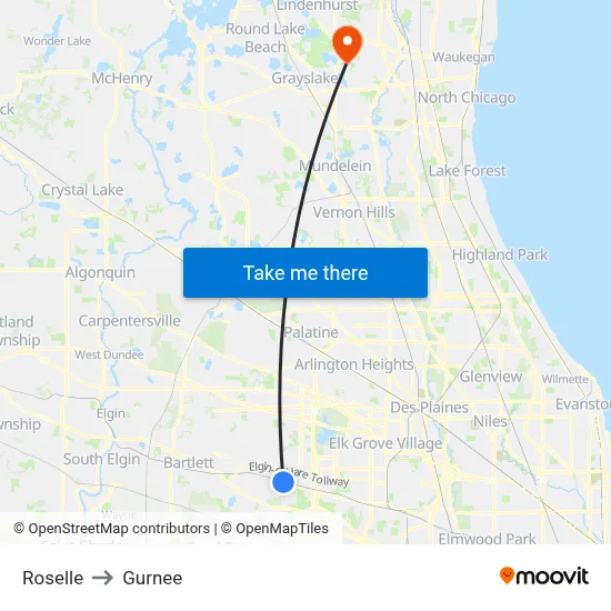 Roselle to Gurnee map